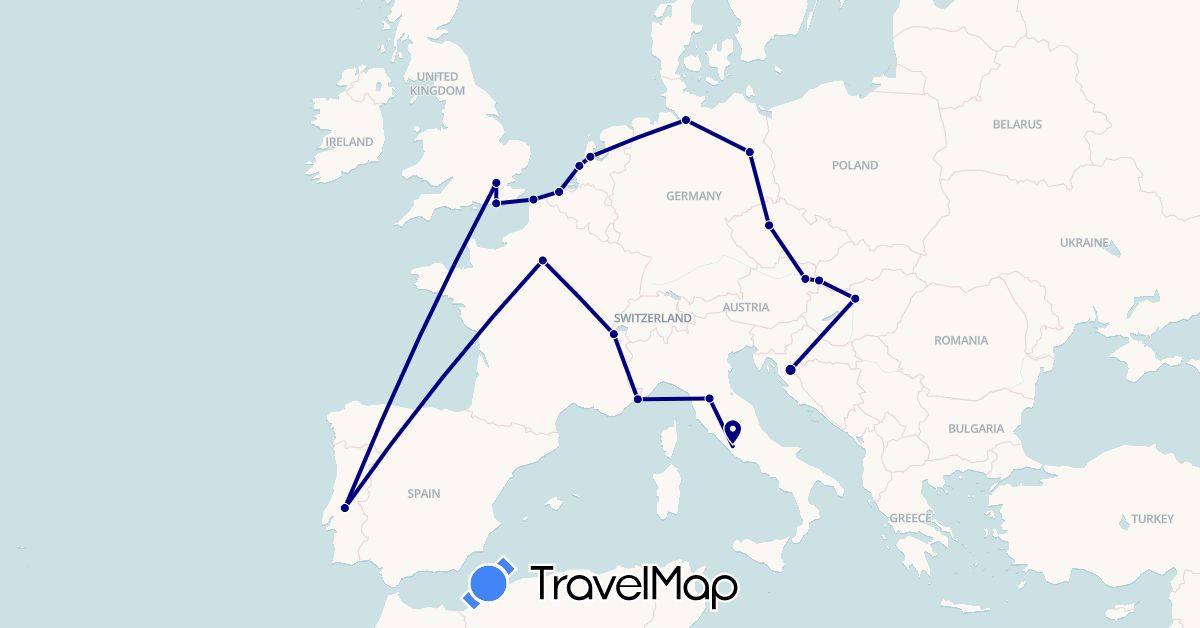 TravelMap itinerary: driving in Austria, Belgium, Switzerland, Czech Republic, Germany, France, United Kingdom, Croatia, Hungary, Italy, Monaco, Netherlands, Portugal, Slovakia (Europe)